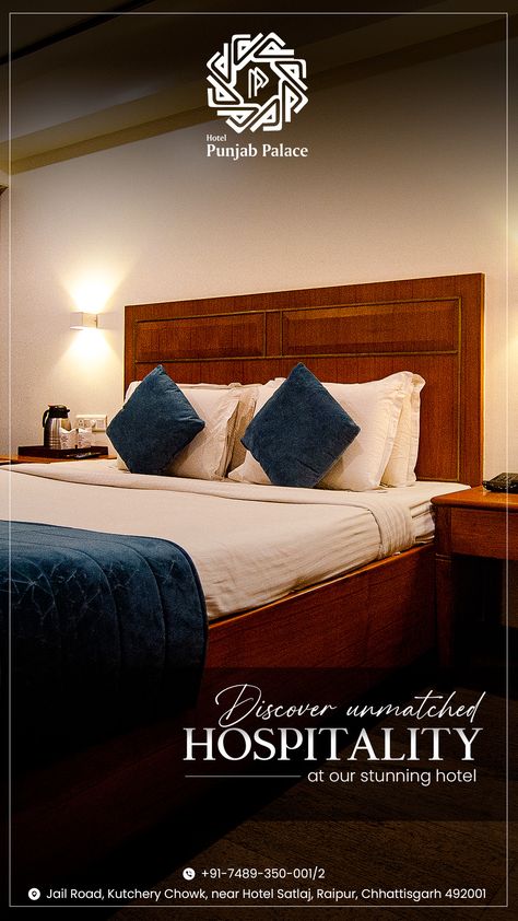 Ready for a luxurious escape? Experience pure comfort and elegance in our hotel's room. Book now and treat yourself to a memorable stay! 🌟🛏️ #LuxuryTravel #BookYourStay Reach to us : 📞 : +91-7489-350-001/2 🌐 : punjab.org.in 📍 : Jail Road, Raipur, Chhattisgarh, 492001 #punjabpalace #thepunjabpalace #thepunjabpalacehotel #raipurhotel #LuxuryMeetsBeauty #HotelElegance #BookNow #SophisticatedRetreat #ExquisiteRooms #CulinaryDelights #HavenOfElegance #LuxuriousRooms #DelectableDining Hotel Room Poster Design, Hotel Post Design, Hotel Instagram Post, Hotel Creative Ads, Hotel Poster Design, Hospitality Design Hotel, Hotel Marketing Design, Hotel Advertisement, Hotel Poster