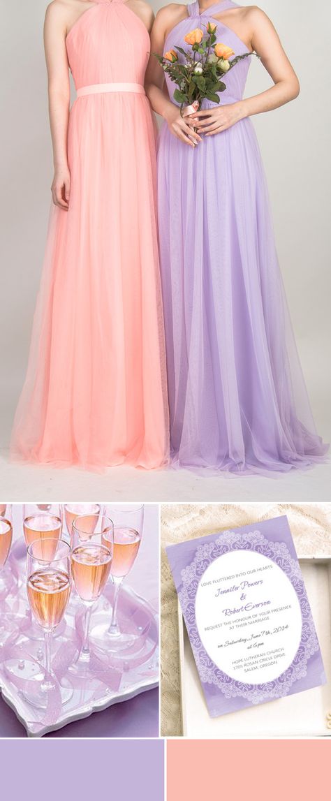 pleated lavender and peach bridesmaid dresses and lavender water wedding invitations Peach Bridesmaid, Purple Wedding Decorations, Peach Bridesmaid Dresses, Lavender Bridesmaid, Lavender Bridesmaid Dresses, Best Wedding Colors, Wedding Colors Purple, Beautiful Bridesmaid Dresses, Lilac Wedding