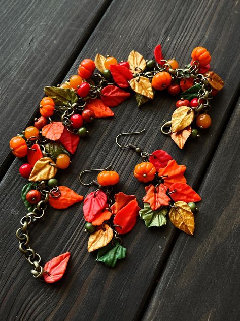 Clay autumn bracelet earrings set, handmade pumpkin winter berry fall leaves ashberry rowan autumn thanksgiving bracelet unique fall gift by NanaSunsCreations on Etsy Autumn Jewelry Aesthetic, Thanksgiving Clay Ideas, Thanksgiving Bracelet, Polymer Figures, Polymer Clay Leaves, Clay Autumn, Woodcarving Ideas, Winter Berry, Autumn Bracelet