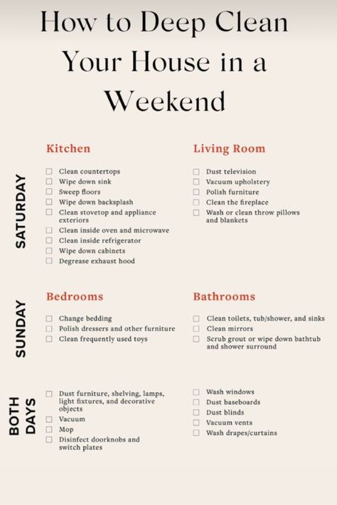 ✨ How to Deep Clean Your House This Weekend ✨ Get your home spotless with this step-by-step guide. From decluttering to scrubbing every corner, transform your space into a clean and organized sanctuary. 🧹✨ #DeepClean #WeekendCleaning #CleanHome #HomeOrganization Deep Clean New House Checklist, How To Clean An Overwhelming House, Deep Cleaning House In One Week, Cleaning Schedule Deep Clean, Deep Clean Weekend, How To Maintain Clean House, How To Deep Clean Your Closet, How To Clean Everything In Your House, Quick Deep Cleaning House