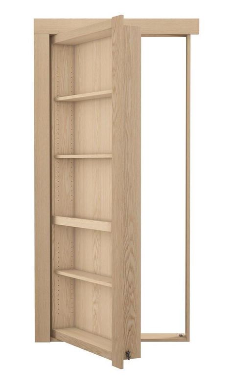 Book Cabinet With Hidden Door, False Bookshelf Door, Hidden Door With Shelves, Hidden Door Shelves, Storage Doors Ideas, Interior Garage Door Ideas, Secret Bedrooms Hidden Rooms, Hidden Barn Door, Sliding Bookcase Door