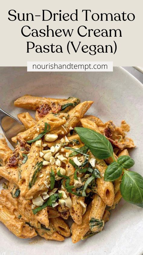 A bowl of creamy cashew cream sundried tomato vegan pasta. Cashew Cream Recipe Dinners, Soaked Cashew Recipes, Cashew Pasta, Pine Nuts Pasta, Saucy Pasta, Vegan Cashew Cream, Cashew Cream Recipe, Cashew Cream Sauce, Cashew Recipes