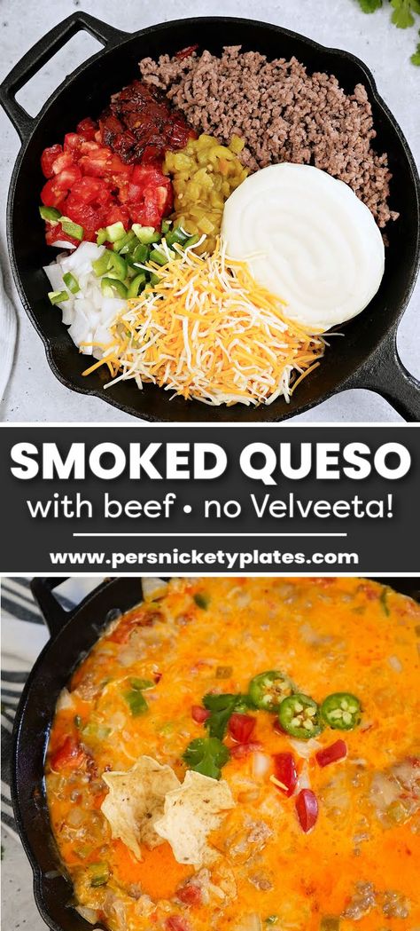 Meaty Queso Dip Crock Pot, Homemade Queso Dip With Meat, Smoked Queso Without Velveeta, Grilled Queso Dip Without Velveeta, Queso Meat Dip, Smoker Ground Beef Recipes, No Velveeta Queso Dip, White Queso Dip With Ground Beef, Smoker Queso Dip