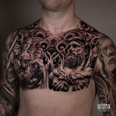 AMAZING FULL CHEST TATTOO DONE BY RESTU DONE USING @eztattooing @radiantcolorsink @balmtattooindo 💥DM US FOR YOUR FREE CONSULTATION TODAY💥 ▪️WORLDWIDE FAMOUS ARTISTS ▪️PRIVATE LUXURY LOCATION ▪️PACKAGES AVAILABLE ON REQUEST ▪️INTERNATIONAL AWARD WINNING ▪️CUSTOM DESIGNS ▪️VEGAN INK ▪️INTERNATIONAL HYGIENE STANDARDS ▪️SPONSORED BY THE BEST NAMED BRANDS WORLDWIDE FB/INSTA - @luxuryinkbali @luxuryinkcanggu @luxuryinkjakarta 📲 W/A +6281237096409 www.luxuryinkcanggu.com Good And Evil Chest Tattoo, Greek God Chest Tattoo, Cross On Chest Tattoo Men, Greek Mythology Chest Tattoo, Greek Chest Tattoo, Medusa Chest Tattoo, Upper Body Tattoo, Chest Tattoo Man, Full Chest Tattoo Men