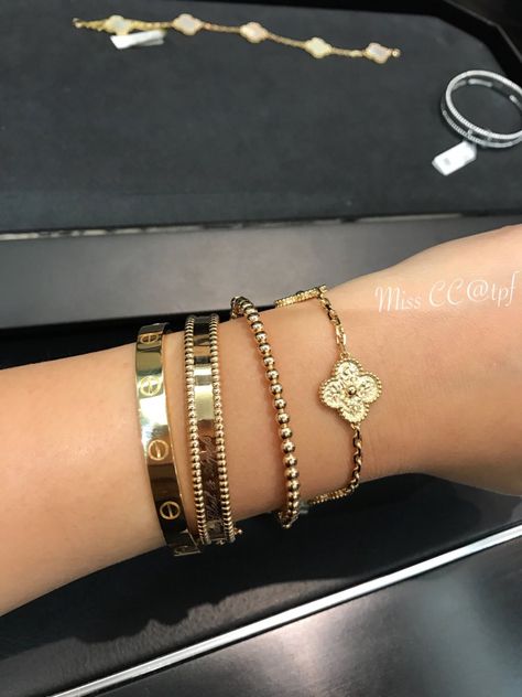 Vca Stack, Arm Stack Jewelry, Van Cleef Bracelet Stack, Vca Bracelet, Van Cleef And Arpels Jewelry, Preppy Jewelry, Bracelet Stacking, Luxe Jewelry, Bangles Jewelry Designs