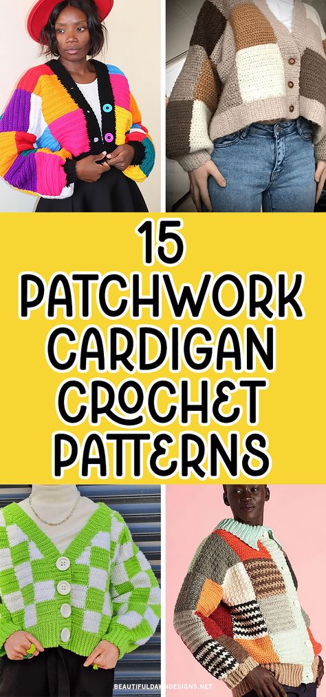 Looking for a cozy and colorful way to elevate your wardrobe this season? Try out a patchwork cardigan crochet pattern. These unique designs bring together different crochet squares to create eye-catching combinations that are sure to turn heads. Crochet Patchwork Cardigan Color Ideas, Patch Work Crochet Cardigan, Patchwork Cardigan Patterns, Color Block Crochet Cardigan, Patchwork Cardigan Crochet Pattern, Crochet Patchwork Cardigan Pattern, Patchwork Crochet Sweater, Knit Patchwork Cardigan, Patchwork Crochet Cardigan