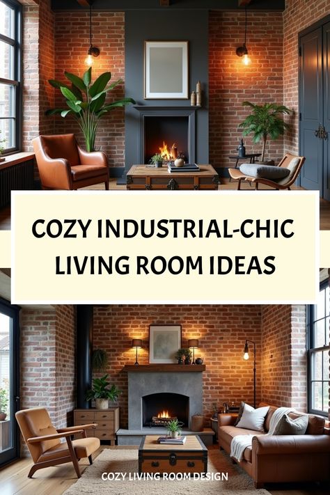 Industrial-style small living room with fireplace and vintage elements Industrial Small Living Room, Industrial Chic Living Room, Small House Living Room, Living Room Necessities, Ideas For Small Homes, Cozy Living Room Design, Cozy Living Room Ideas, Ideas For Furniture, Living Room Essentials