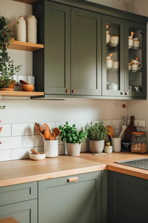 Explore beautiful gray kitchen cabinet colors that enhance your kitchen. This pin shows stunning wall color ideas perfect for any style, featuring a selection of modern shades to inspire your next home decor project. Grey Floor Green Cabinets, Basil Kitchen Cabinets, Kitchen With Sage Green Cabinets, Kemper Cabinets Kitchens, Kitchen Colors Schemes Paint, Kitchens With Painted Cabinets, Bold Kitchen Cabinet Colors, Best Kitchen Colors 2024, Gray Kitchen Cabinets Wall Color