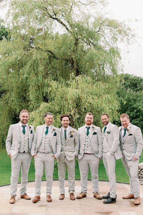 Groomsmen and groom in matching bespoke light grey suit with green ties and handkerchiefs Suits With Green Ties, Wedding Entourage Dress, Groomsmen Colours, Light Grey Suit, Gray Groomsmen Suits, Wedding Party Groomsmen, Green Ties, Outdoor Styling, Grey Suit Wedding