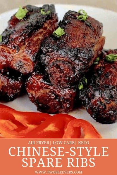 These air Fryer Ribs have a flavor that is finger-licking good without all of the trouble of making them on the grill or in the oven! Chinese-Style Spareribs | Air-Fryer Ribs | Chinese Ribs | Keto Ribs Recipe | Keto Chinese Recipe | Keto Air-Fryer Recipe | Two Sleevers #airfryerrecipe #ketochinese #ketorecipe #airfryerribs Keto Ribs Recipe, Keto Ribs, Air Fryer Ribs, Chinese Ribs, Keto Chinese, Boneless Pork Ribs, Bbq Short Ribs, Boneless Ribs, Low Carb Pork