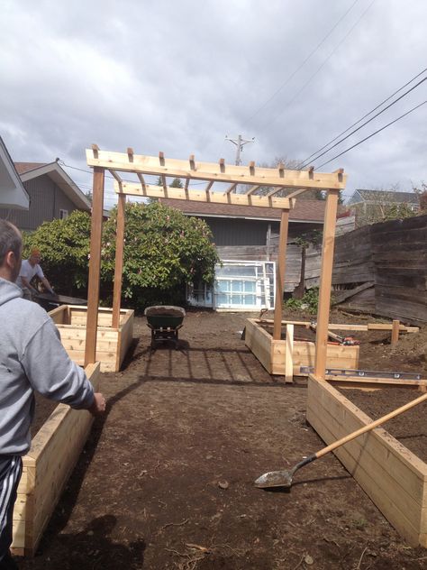 raised bed arbor | Our Family Garden Update; building the raised beds & arbor Rooftop Shade, Raised Veg Beds, Antique Cottage, Raised Bed Garden Design, Garden Boxes Diy, Boxes Diy, Pergola Garden, Garden Arbor, Garden Help