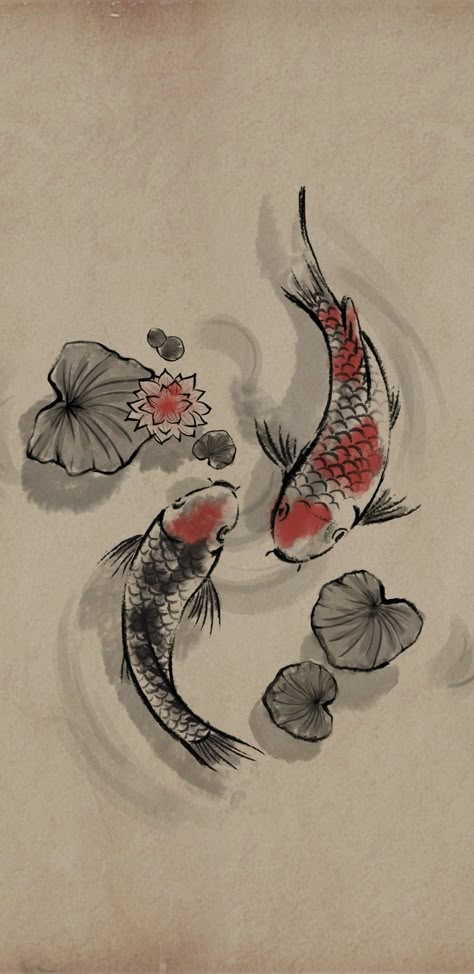 Chinese Koi Fish Art, Japanese Koi Fish Painting, Drawings Of Koi Fish, Drawing Of Koi Fish, Koi Fish Drawing Wallpaper, Japanese Pond Drawing, Koi Fish In Pond Drawing, Drawing Coy Fish, Two Koi Fish Drawing