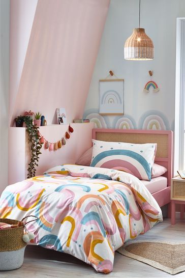 Natural Kids Scandi Rainbow Reversible Duvet Cover And Pillowcase Set Girls Rainbow Bedroom, Rainbow Bed, Childrens Bedding Sets, Rainbow Bedroom, Rainbow Bedding, Natural Kids, Rainbow Room, Kids Bedding Sets, Double Duvet Covers