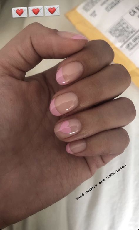 Powder Pink French Tip Nails, Pale Pink French Tip Nails, French Tip Heart Nails, Short Pink French Tip Nails, Baby Pink French Tip Nails, Baby Pink French Tip, Nails With A Heart, French Tip Heart, Pink French Tip Nails