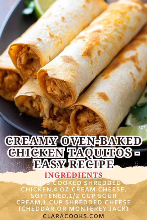 Creamy Oven-Baked Chicken Taquitos - Easy Recipe Chicken Tinga Taquitos, Chicken Taquitos Recipe Baked, Chicken Bacon Taquitos, Authentic Taquitos Chicken, Freezable Taquitos, Gluten Free Chicken Taquitos, Taquitos Oven Baked, Chicken Taquitos Recipe Easy, Make Ahead Taquitos