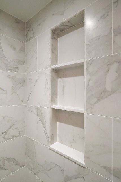 Shelving Ideas Bathroom, Shower Cubby, Bathroom Shelving Ideas, Tiny Bathroom Makeover, Shower Alcove, Bathroom Niche, Bathroom Shelving, Wall Niche, Shower Niche