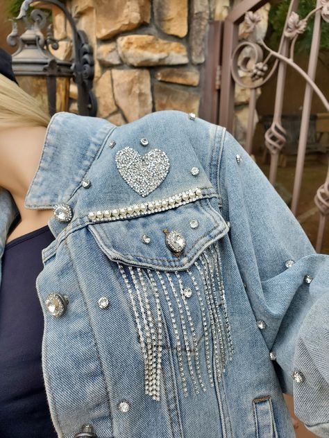 Jean Jacket With Rhinestone Fringe, Spring Rhinestone Denim Jacket, Bling Jean Jacket, Bedazzled Jean Jacket, Denim Diamonds Theme Outfit, Long Sleeve Denim Outerwear With Rhinestones, Concert Jacket, Denim And Diamonds Party Outfit, Fitted Denim Outerwear With Rhinestones