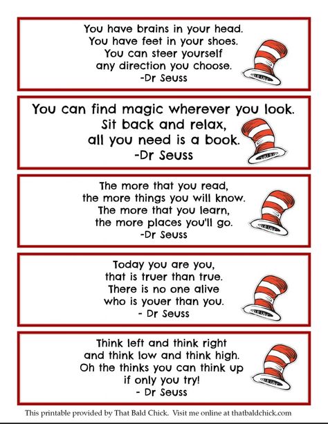 Printable Dr Seuss Quote Bookmarks @thatbaldchick Dr Seuss Bookmarks, Dr. Suess, Dr Seuss Printables, Quote Bookmarks, Dr Seuss Preschool, Dr Seuss Classroom, Dr Seuss Activities, Dr Seuss Crafts, Seuss Classroom