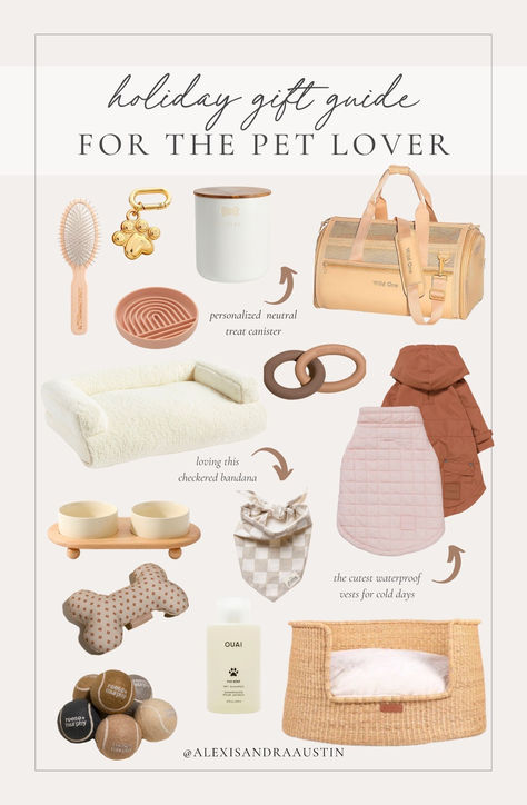 Holiday gift guide for the pet lover! Loving these neutral details that will blend into any space Holiday gift guide, Christmas guide, pet finds, for the dogs, neutral pet home, dog vest, marble dog bowl, wicker pet bed, pet carrier, bandana finds, neutral pet accessories, dog tag, neutral Christmas vibes, Wild One, Reese and Murphy, Amazon, Pottery Barn, shop the look! Mini Goldendoodle Accessories, Small Dog Items, Dog Stuff Storage Ideas, Neutral Dog Toys, Dog Birthday Gift Basket, Doggie Christmas Gifts, Dog Setup Ideas, Aesthetic Dog Essentials, Dog Bowls Aesthetic