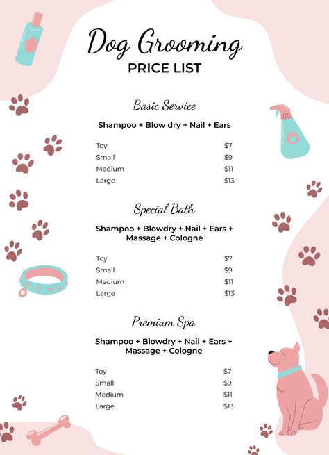 Dog Grooming Templates, Dog Grooming Forms, Starting A Dog Grooming Business, Dog Grooming Price List Template, Pet Grooming Price List, Dog Grooming Prices, Pet Grooming Shop Ideas, Dog Grooming Signs, Cute Dog Grooming Salons