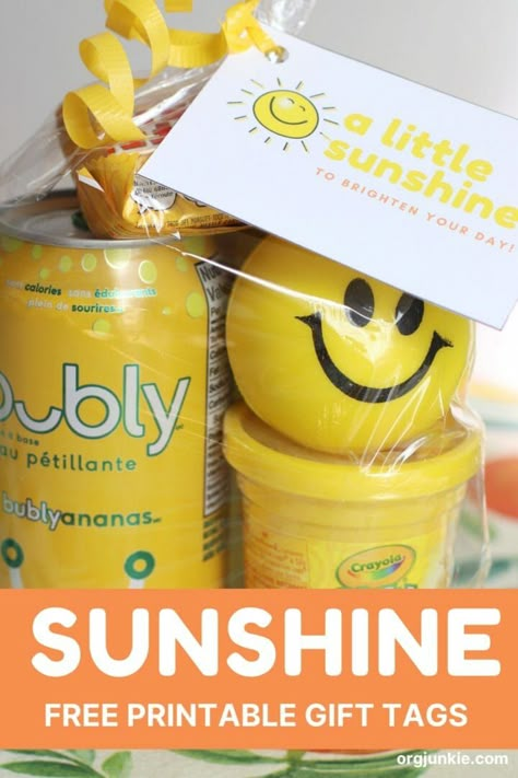 A Little Sunshine to Brighten Your Day ~ Free Printable Sunshine Gift Tags Staff Sunshine Ideas, Sunshine Gifts, Sunshine Tags Free Printables, Scatter Sunshine Printable, Bag Of Sunshine, Juicy Fruit Gum, Sunshine Printable, Dollar Tree Gifts, Box Of Sunshine