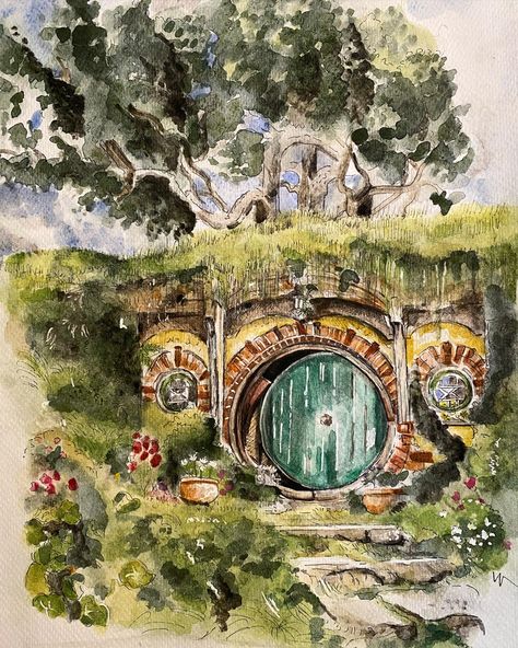 Bag End, Plane Flying, Western Australia, The Rings, Lord Of The Rings, The Hobbit, Watercolor Painting, Watercolour Painting