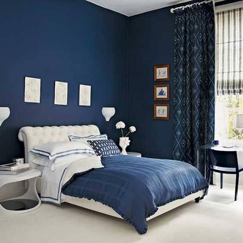 Blue Bedroom Ideas For Couples, Navy Blue Bedroom Decor, Dark Blue Bedroom Walls, Royal Blue Bedrooms, Blue Bedroom Colors, Blue Bedroom Walls, Dark Blue Bedrooms, Navy Blue Bedrooms, Blue Bedroom Design