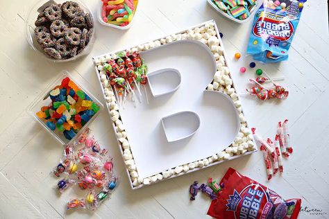 Fillable Letters Sweets, Fillable Letters Ideas, Number Centerpieces, Deli Wraps, Fillable Letters, Candy Letters, Letter Candles, Birthday Centerpiece, Lots Of Food