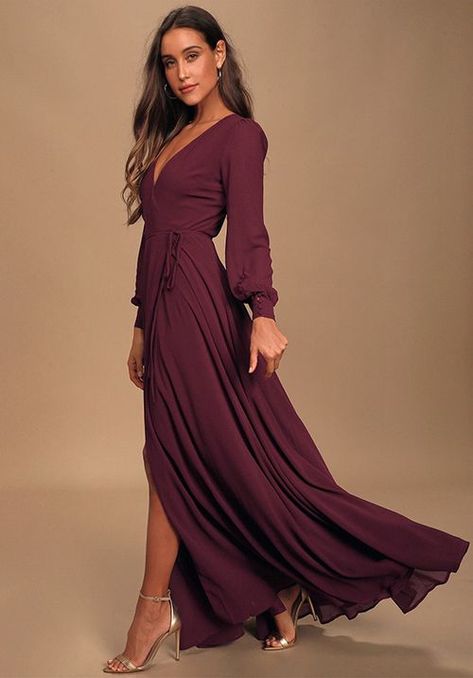 Wrap Maxi Dress Long Sleeve, Long Sleeve Fall Dress, Chifon Dress, Casual Wrap Dress, Long Sleeve Dresses Fall, Dresses Burgundy, Wrap Dress Long Sleeve, Easter Dresses For Toddlers, Long Wrap Dress