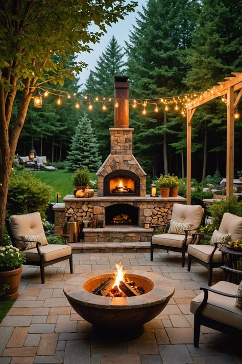 Backyard Fireplace Plans, Covered Patio Backyard Ideas, Fireplace In Backyard, Fireplace Outdoors, Outdoor Fire Feature, Outdoor Wood Fire Pit, Backyard Patio With Fireplace, Yard Fireplace, Outdoor Living Space With Fireplace