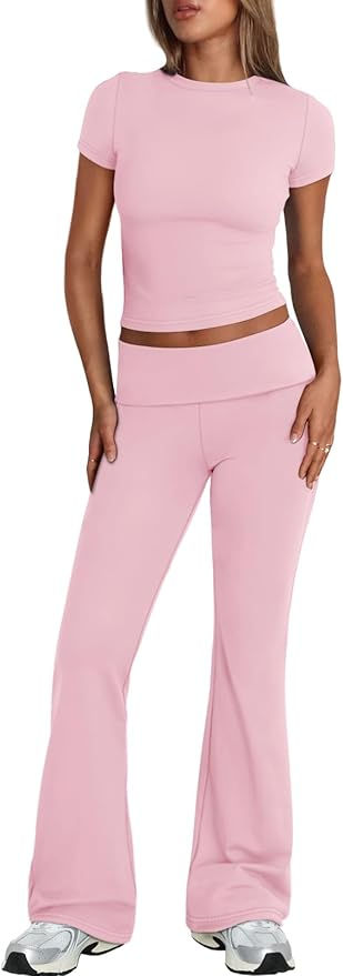 Trendy Queen Lounge Sets For Women 2 Piece Casual Y2K Outfits Short Sleeve Cropped Tops Fold Over Flare Pants Tracksuits Casual Y2k Outfits, Y2k Outfits Shorts, Lounge Sets For Women, Outfits Short Sleeve, Queen Outfits, Women's Outfit Sets, Tanktop Girl, Sleep And Loungewear, Y2k Outfits