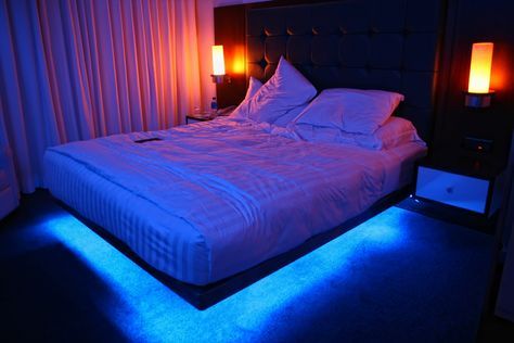 Glowy bed! Cyberpunk Bedroom, Under Bed Lighting, Condo Decor, Led Lighting Bedroom, Floating Bed, Bed Lights, Boys Bedrooms, Led Furniture, Room Decorations