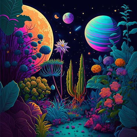 Flower Planets Art, Galactic Drawings, Trippy Garden, Galactic Art, Neon Garden, Ideas Terraza, Whimsical Art Paintings, Animal Illustration Art, Psychadelic Art