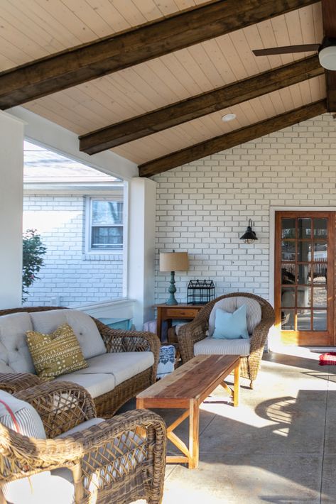 screened porch exposed beams blue doors farmhouse table Screened In Porch Exposed Beams, Concrete Screened In Porch, Screen Porch Ceiling Ideas, Screened In Porch Ceiling Ideas, Screened Porch Lighting, Porch Ceiling Design Modern, Screened In Porch Addition, Screen Porch Ceiling, Screened Porch Addition