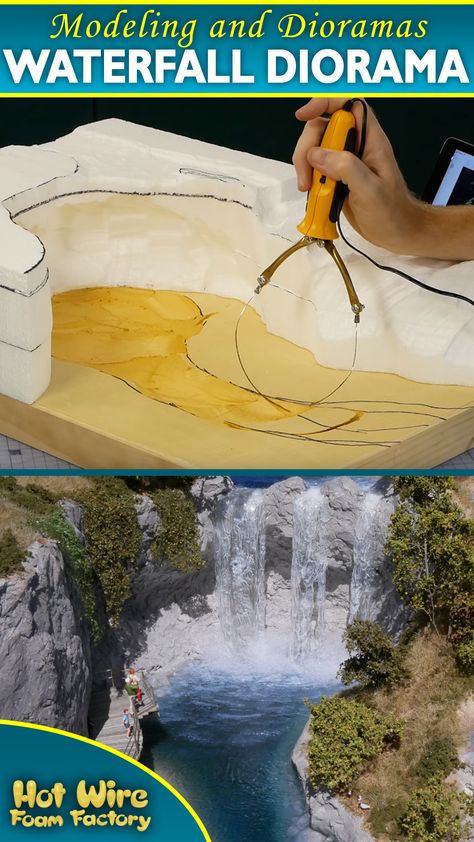 Foam Mountain Diy, Waterfall Diorama, Diorama Tutorial, Holiday Village Display, Diorama Diy, Diy Waterfall, Styrofoam Crafts, Foam Carving, Foam Factory