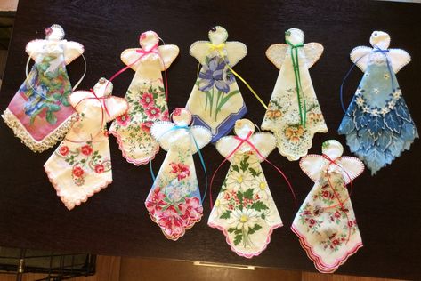 Hanky Angels, from vintage handkerchiefs Angels Made From Handkerchiefs, How To Make Hankie Angels, Hankerchief Angels Diy, Handkerchief Ornaments, Hanky Angels, Hankie Angels, Handkerchief Angels, Handkerchief Ideas, Hankie Crafts