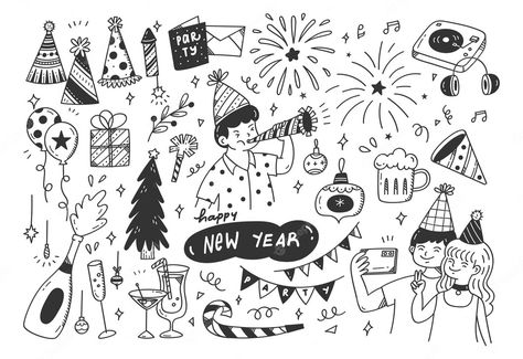 Eve Drawing, Party Doodles, New Year Doodle, New Year Eve Party, Doodles Illustration, Valentine Doodle, Travel Doodles, Tree Doodle, New Year Illustration