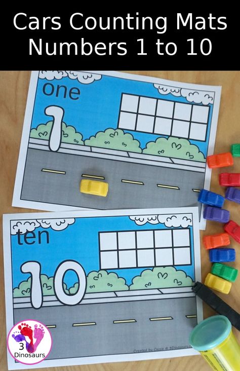 Free Car Counting Mats Numbers 1 to 10 - you have a ten frame, playdough number and counting mat area with cars and traffic lights to use with the mats - 3Dinosaurs.com #countingmat #transportationtheme #freeprintable #3dinosaurs #prek #kindergarten Cars Preschool, Math Fact Games, Counting Mats, Free Math Printables, Transportation Activities, 3 Dinosaurs, Preschool Counting, Car Activities, Transportation Preschool