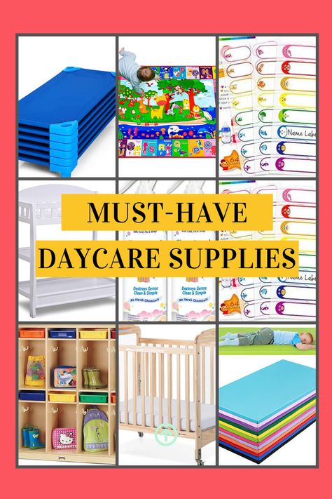 Starting a daycare? or looking to stock up with essentials? This ultimate daycare supplies guide is what you need. I give you my favorite daycare toys, daycare rugs, name labels, changing tables,etc. If you're a daycare or preschool owner or childcare center director, you know that it can be tough to keep your daycare stocked with all the furniture, equipment, supplies, and toys you need. That's why I've compiled this list of 33 of my favorite daycare must haves on Amazon! Daycare Ideas Center, Daycare Must Haves, In Home Daycare Ideas Small Spaces, Daycare Cubbies, Starting A Daycare Center, Must Haves On Amazon, Daycare Toys, Nursery Room Ideas Childcare, Daycare Design Ideas