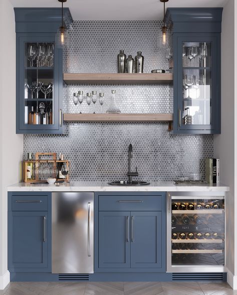 ✨ Elevate your wet bar with Tile Club’s exquisite backsplash tiles! Whether hosting a soirée or enjoying a quiet evening, our chic designs add the perfect touch of luxury and style. 🍹 Navy Blue Basement Bar, Coffee Bar Wet Bar Combo, Backsplash Basement Bar, L Shaped Bar Against Wall, Custom Dry Bar, Mid Century Modern Built In Bar, Built In Bar Around Window, Backsplash For Bar Area, Blue Cabinets Bar