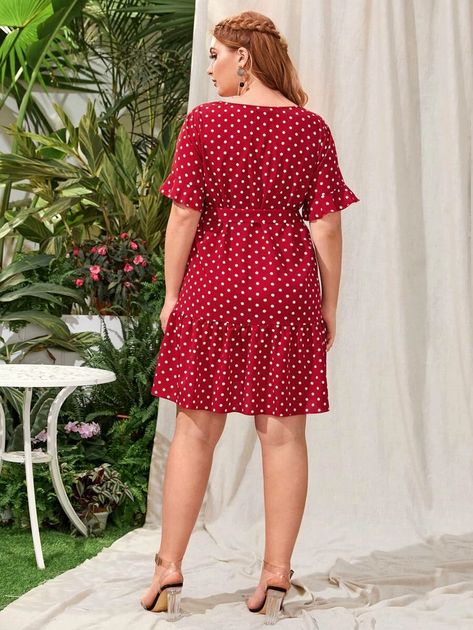 Plus V-neck Ruffle Hem Belted Polka Dot Dress | SHEIN USA Women Plus Size, Yellow Fashion, Party Wear Dresses, Neck Ruffle, Stylish Fashion, Dot Dress, Polka Dot Dress, Belted Dress, Simple Dresses