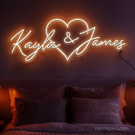 #NeonSignNames #NeonInspiration #NeonSigns #BrightIdeas Couple Neon Lights, Neon Signs Bedroom Couple, Neon Name Lights, Diy Neon Name Sign, Cute Bedroom Ideas For Couples, Married Couple Bedroom, Neon Signs Bedroom, Body Neon Sign, Name Neon Light