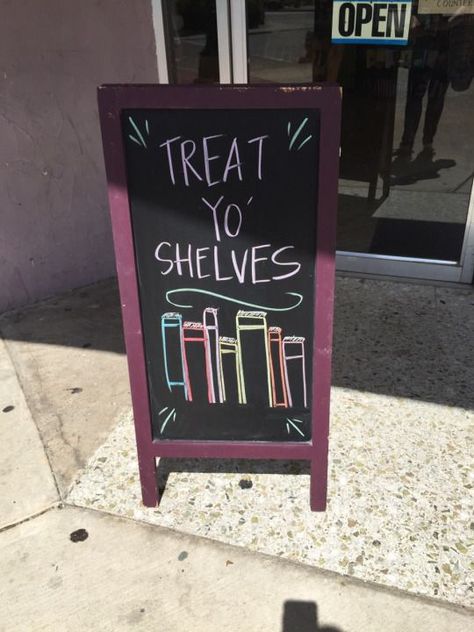 Bookstore Design, Used Bookstore, Library Book Displays, Bookstore Cafe, Book Cafe, The Best Advice, Little Library, Chalkboard Sign, Library Displays