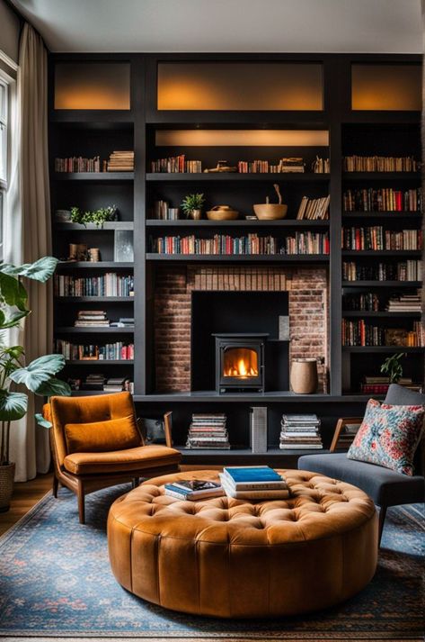 Elevate your living space with this inviting reading corner, featuring a sleek built-in fireplace, plush leather ottoman, and classic bookshelves. Perfect for quiet evenings or lazy weekends. Embrace the charm of mixed textures and the warmth of a good book. #CozyHome #ReadingNook #FireplaceChic #BookLoversDen #HomeLibrary Classic Bookshelves, Popular Home Decor, Wooden Cross, Leather Ottoman, Wooden Chair, Bookshelves, Fireplace, Reading, Living Room