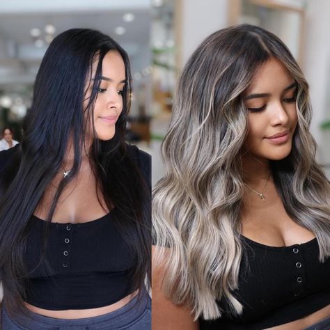 Ash Blond On Black Hair, Black To Icy Blonde Balayage, Blonde Balayage In Dark Hair, Lived In Blonde On Black Hair, Black Roots Balayage Ash Blonde, Dark Brunette Ash Balayage Hair, Dark Roots Ashy Blonde Hair Balayage, Black Hair With Ash Blonde Balayage, Blonde Ombre Balayage Dark Roots