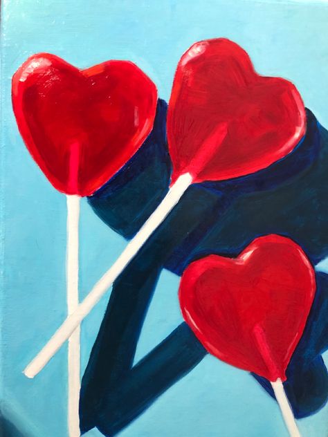 Lolly Pop Painting, Heart Sucker Painting, Simple Pop Art Painting, Heart Lollipop Painting, Candy Painting Ideas, Sucker Painting, Primary Colors Painting, Lollipop Painting, Lollipop Illustration