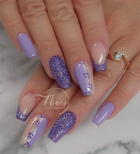 Purple Nails Almond Art Designs, Gray And Purple Nails, Dark Purple Glitter Nails, Purple Wedding Nails For Bride, Glittery Purple Nails, Lavender Nail Design, Purple Nails Ideas, Purple Wedding Nails, Purple Nail Design