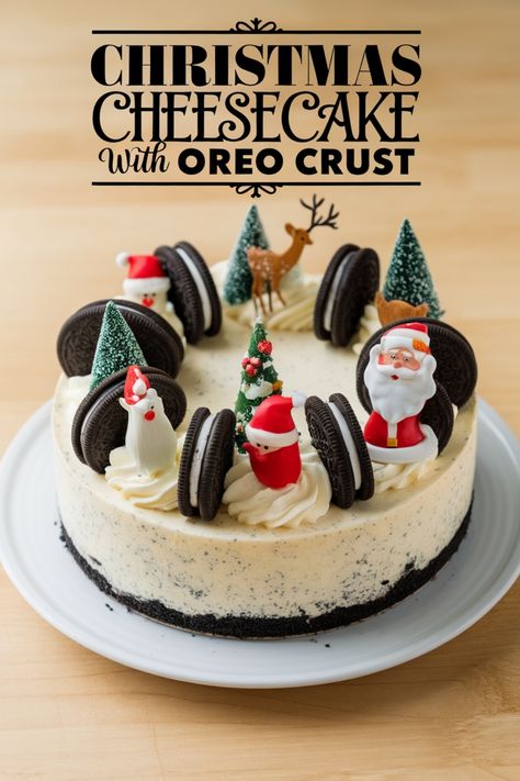 Christmas cheesecake topped with Oreo cookies, festive decorations, and Santa figures. Christmas Cheesecake Gluten Free, Christmas Decorated Cheesecake, Cheesecake Designs, Christmas Cheesecakes, Oreo Crust Recipe, Cheesecake With Oreo Crust, Christmas Cheesecake Recipes, Cranberry Christmas Cake, Oreo Crust Cheesecake