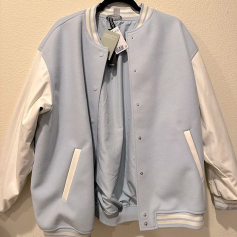 H&M baby blue varsity jacket Size Large Light Blue Varsity Jacket Outfit, Blue Varsity Jacket, Jacket Varsity, H&m Baby, Blue Boy, Baby Blue, Varsity Jacket, Women's Blazer, Mood Board