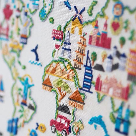 World Map Cross Stitch, Caterpillar Cross Stitch, Map Cross Stitch, Nik Naks, New Years Eve Fireworks, Detailed World Map, Cross Stitch Cross, Thread Holder, Holiday Cross Stitch